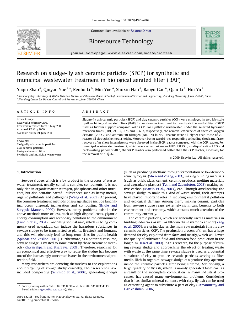 Research on sludge-fly ash ceramic particles (SFCP) for synthetic and municipal wastewater treatment in biological aerated filter (BAF)