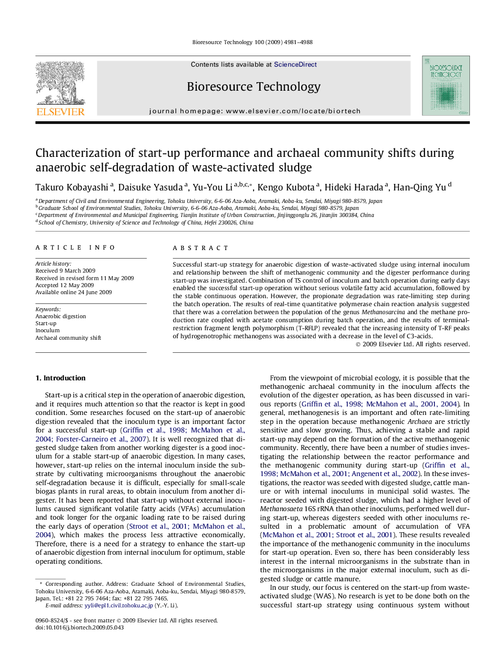 Characterization of start-up performance and archaeal community shifts during anaerobic self-degradation of waste-activated sludge