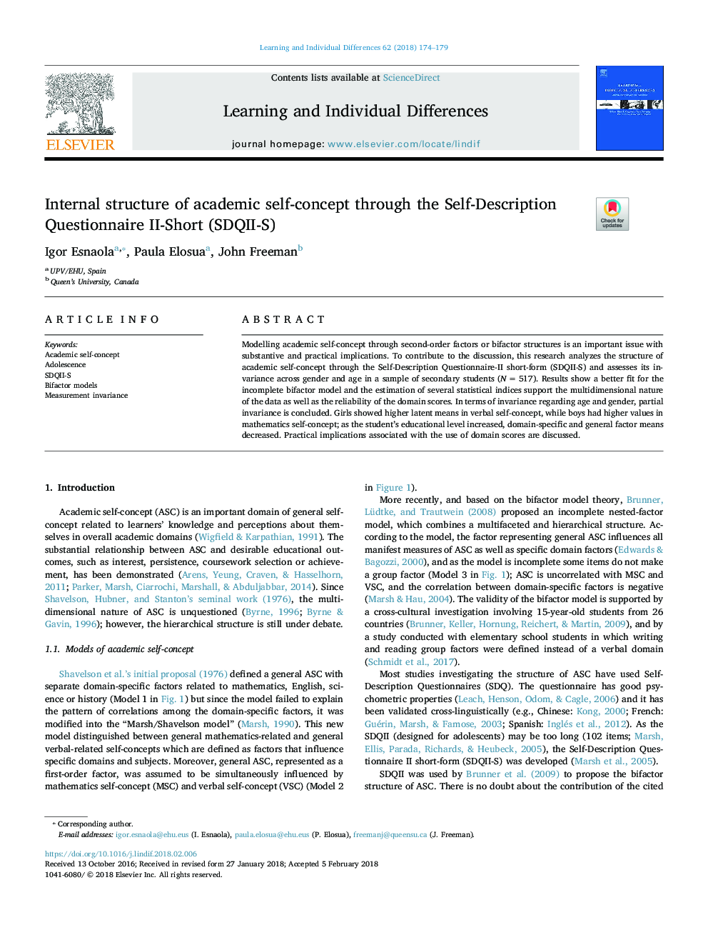 Internal structure of academic self-concept through the Self-Description Questionnaire II-Short (SDQII-S)