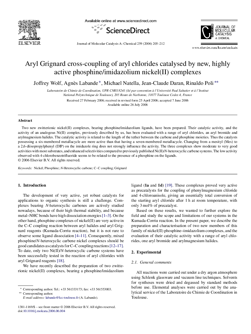 Aryl Grignard cross-coupling of aryl chlorides catalysed by new, highly active phosphine/imidazolium nickel(II) complexes