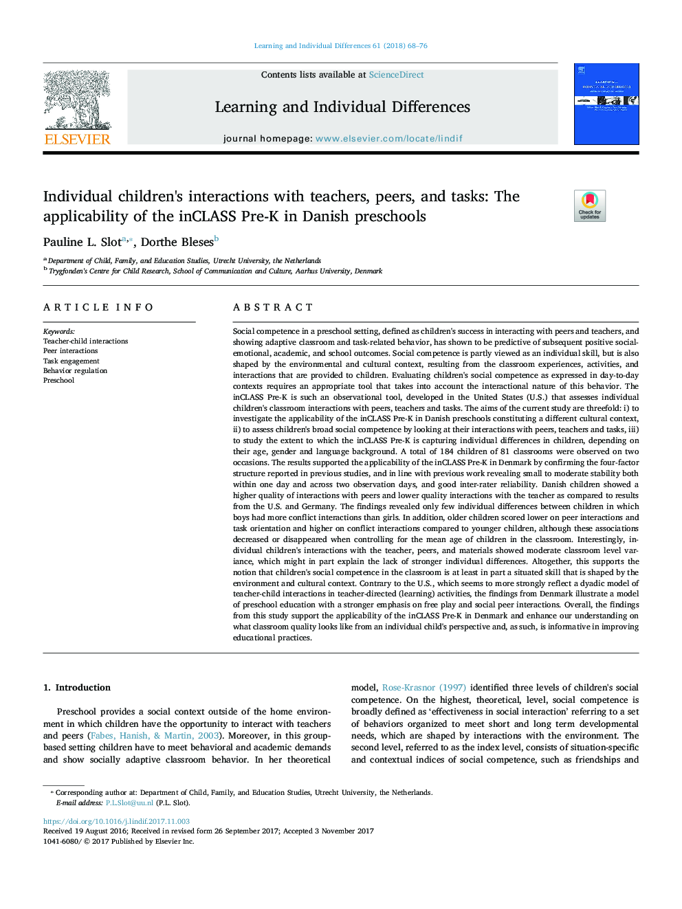 Individual children's interactions with teachers, peers, and tasks: The applicability of the inCLASS Pre-K in Danish preschools