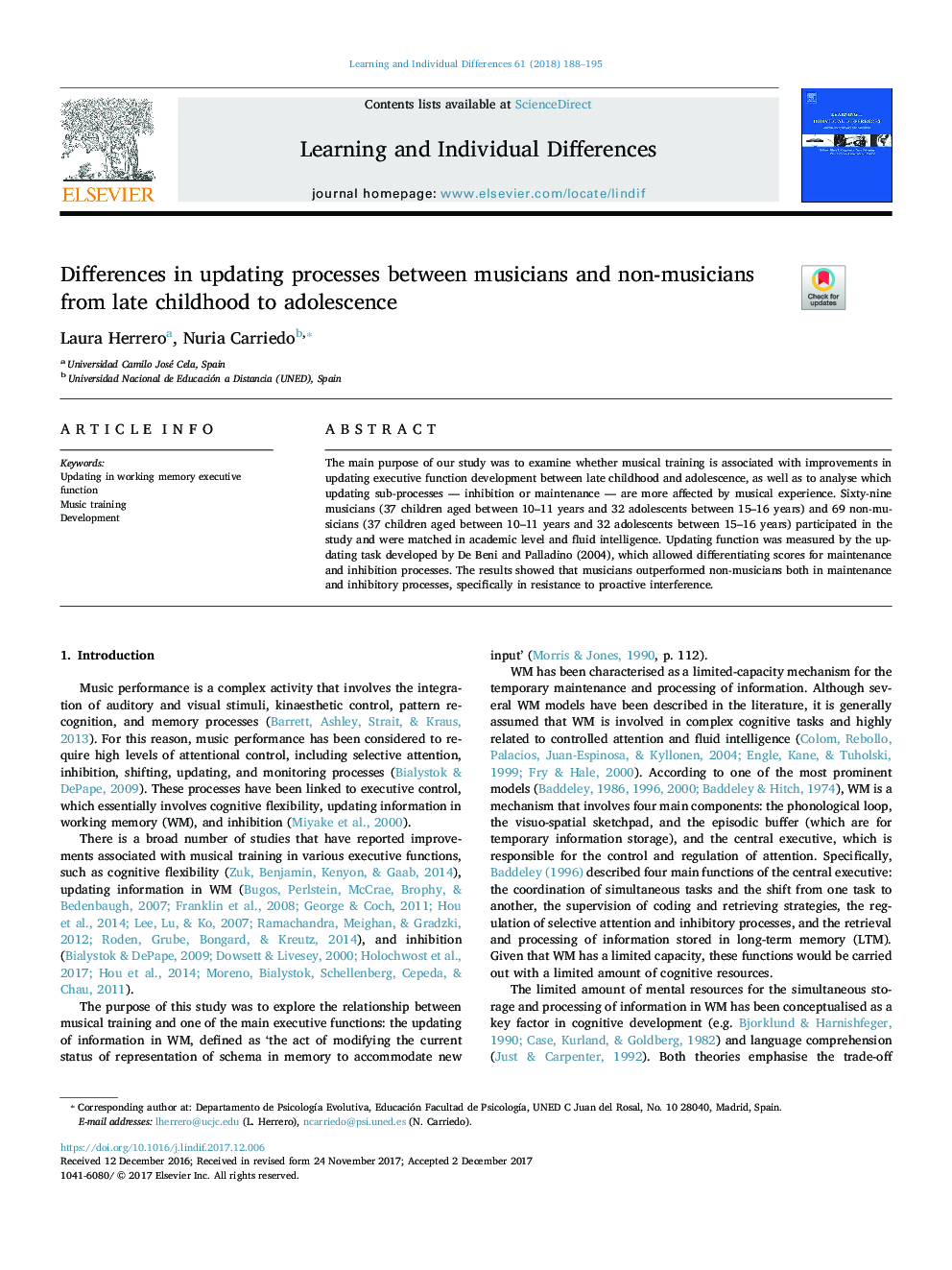 Differences in updating processes between musicians and non-musicians from late childhood to adolescence