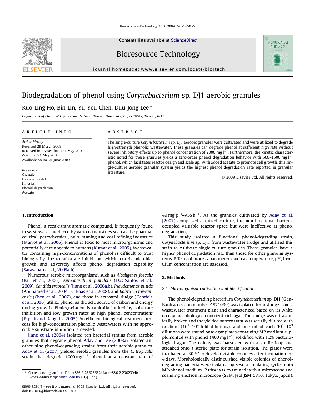 Biodegradation of phenol using Corynebacterium sp. DJ1 aerobic granules