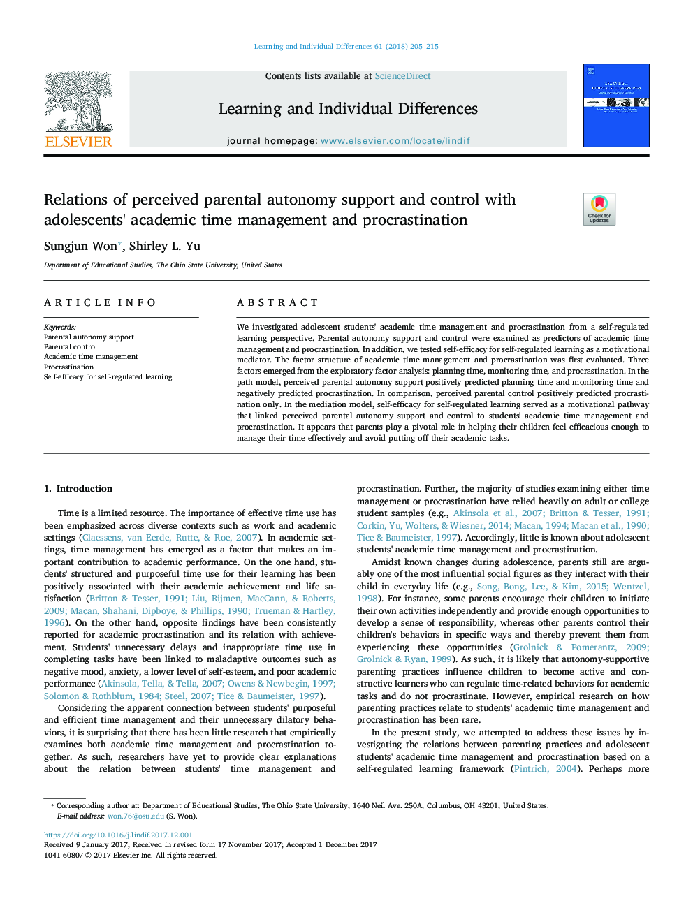 Relations of perceived parental autonomy support and control with adolescents' academic time management and procrastination