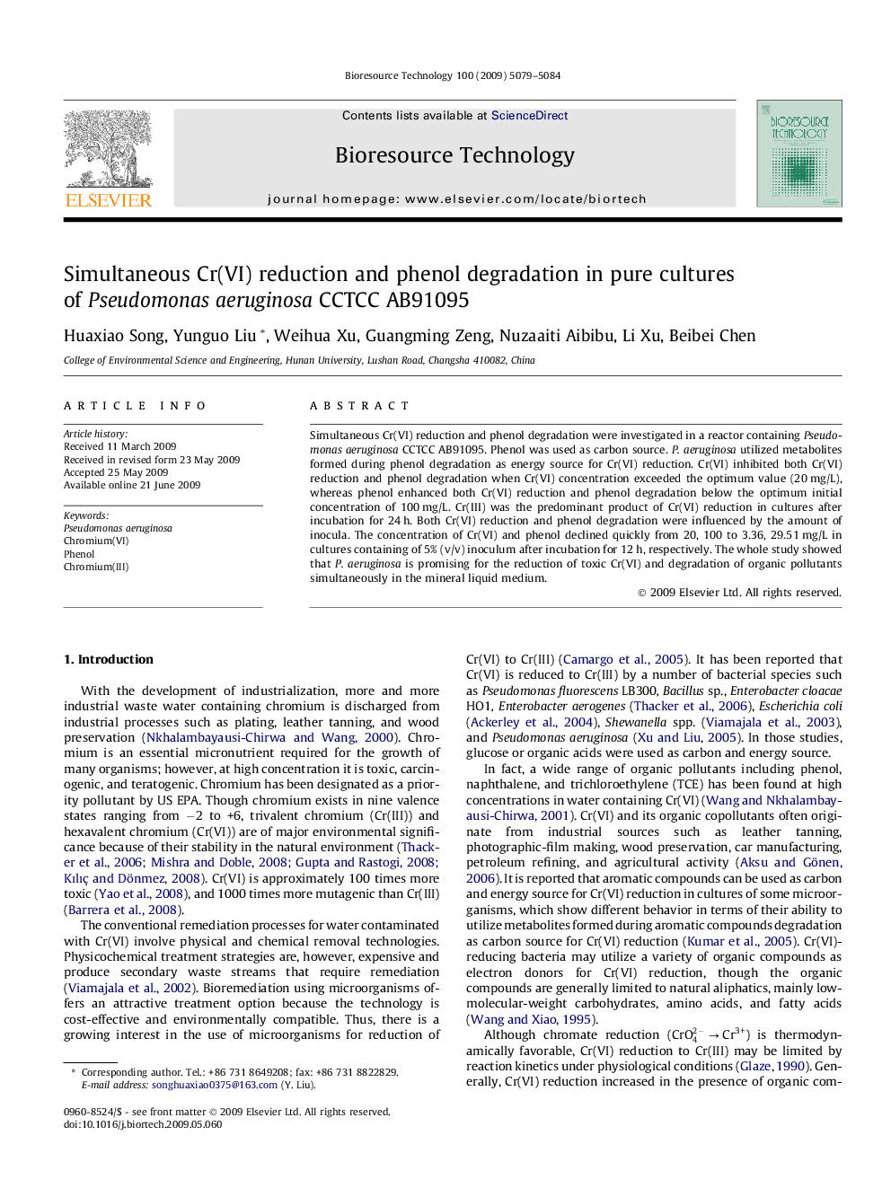 Simultaneous Cr(VI) reduction and phenol degradation in pure cultures of Pseudomonas aeruginosa CCTCC AB91095