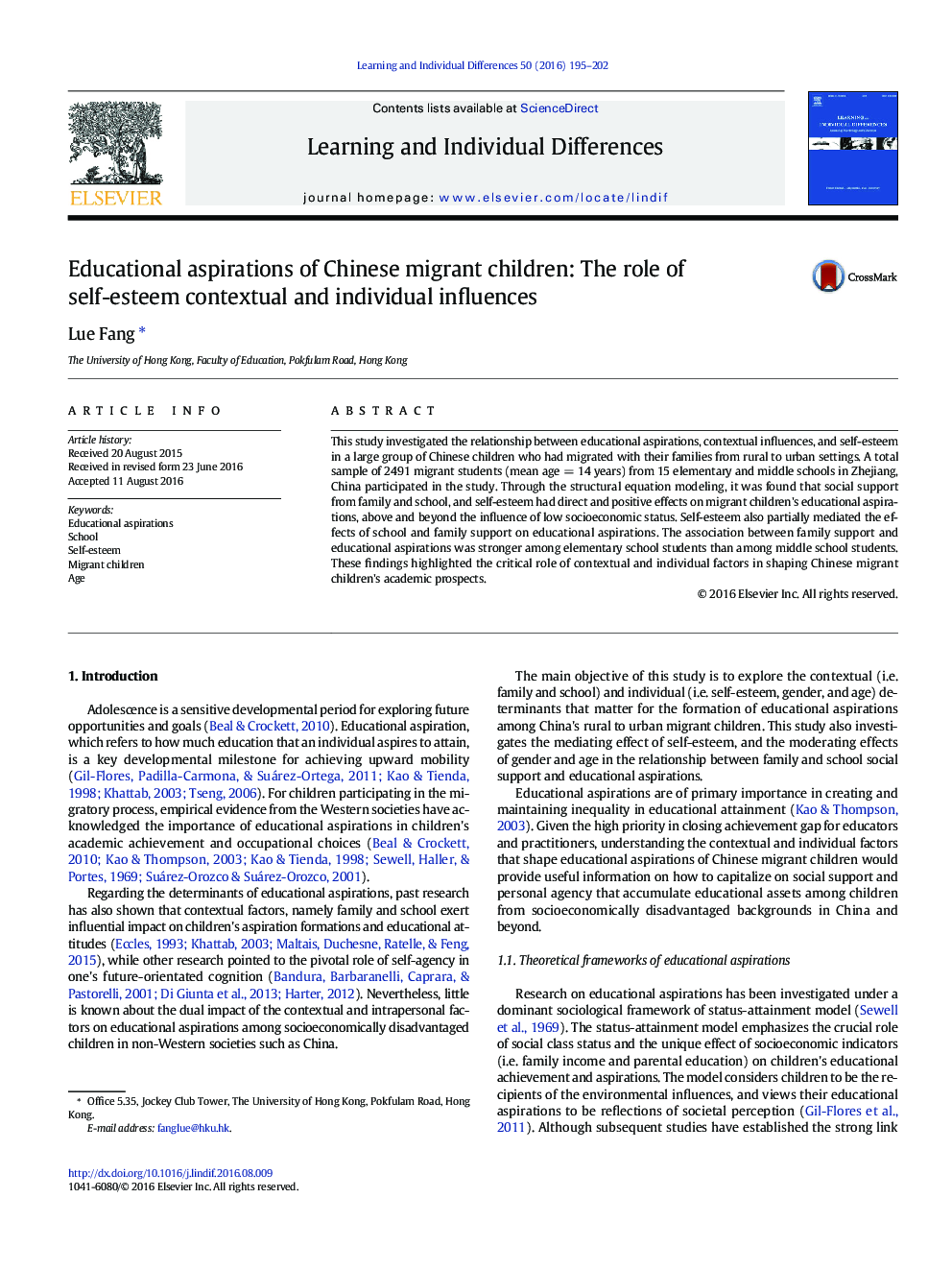 Educational aspirations of Chinese migrant children: The role of self-esteem contextual and individual influences