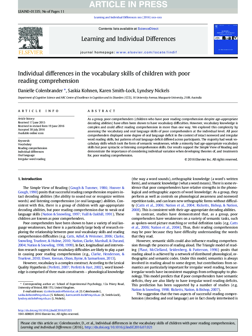 Individual differences in the vocabulary skills of children with poor reading comprehension