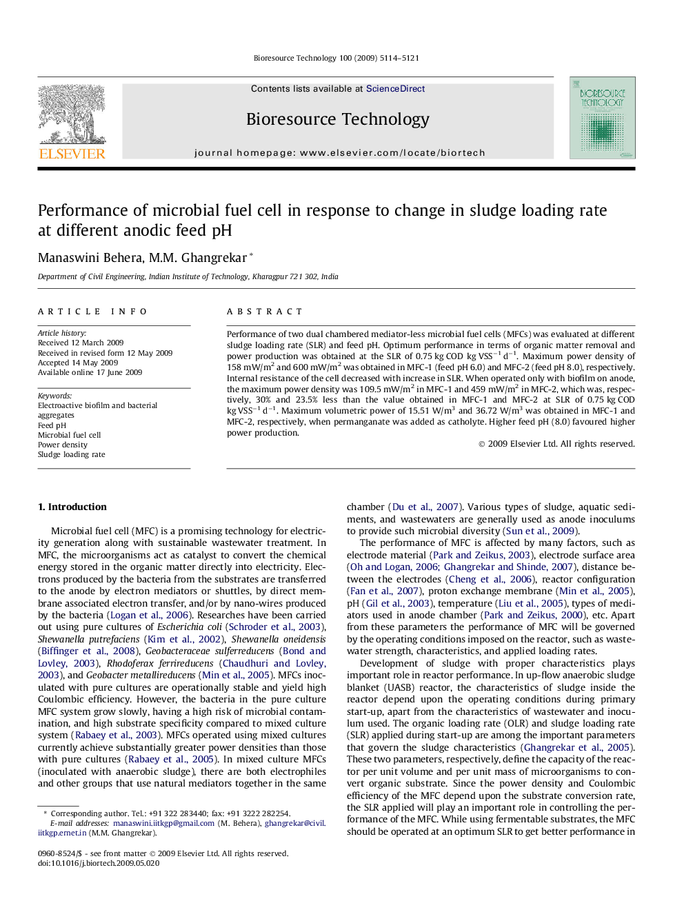 عکس صفحه اول مقاله: Performance of microbial fuel cell in response to change in sludge loading rate at different anodic feed pH Performance of microbial fuel cell in response to change in sludge loading rate at different anodic feed pH