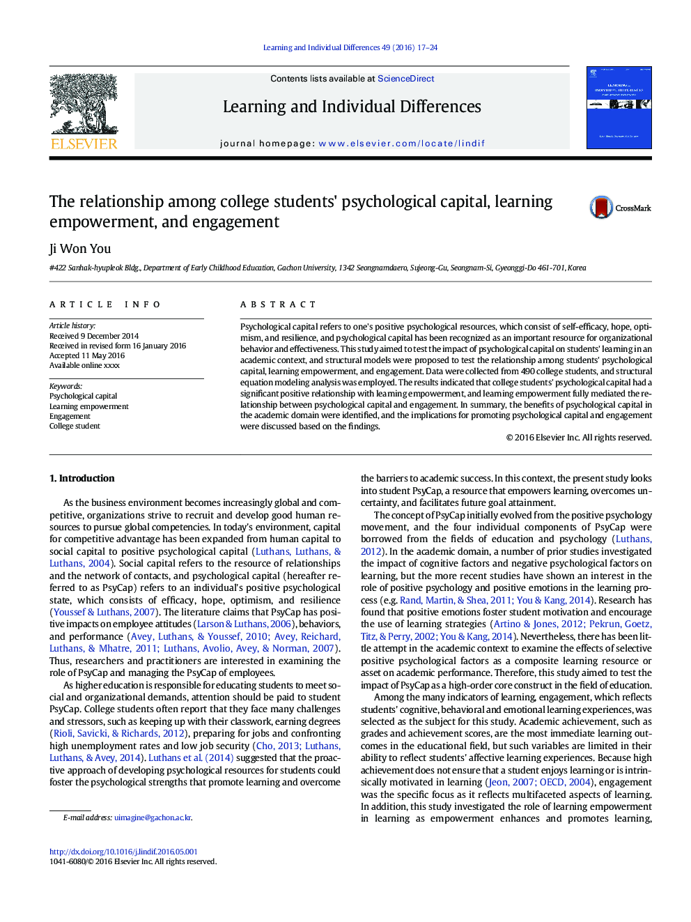 The relationship among college students' psychological capital, learning empowerment, and engagement