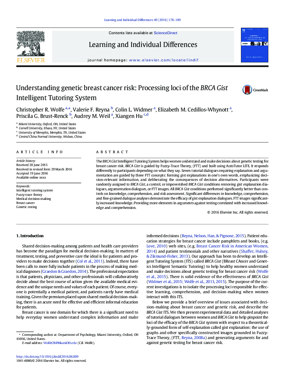 Understanding genetic breast cancer risk: Processing loci of the BRCA Gist Intelligent Tutoring System