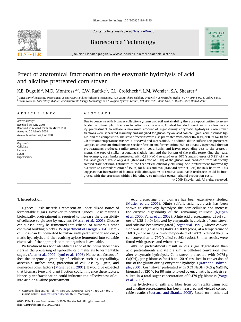 Effect of anatomical fractionation on the enzymatic hydrolysis of acid and alkaline pretreated corn stover