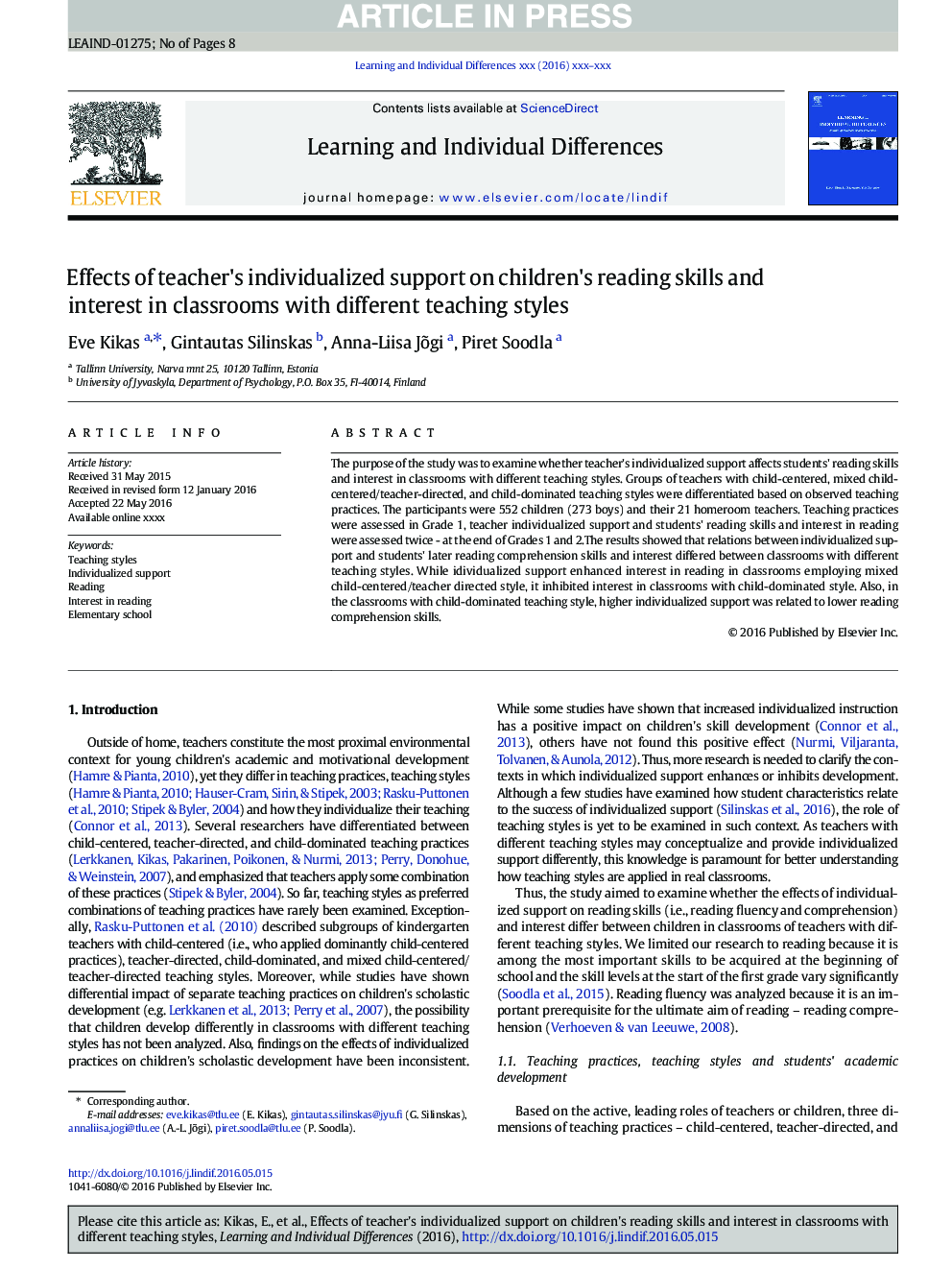 Effects of teacher's individualized support on children's reading skills and interest in classrooms with different teaching styles