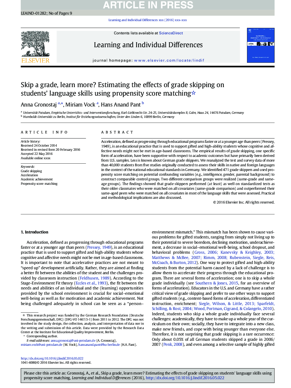 Skip a grade, learn more? Estimating the effects of grade skipping on students' language skills using propensity score matching