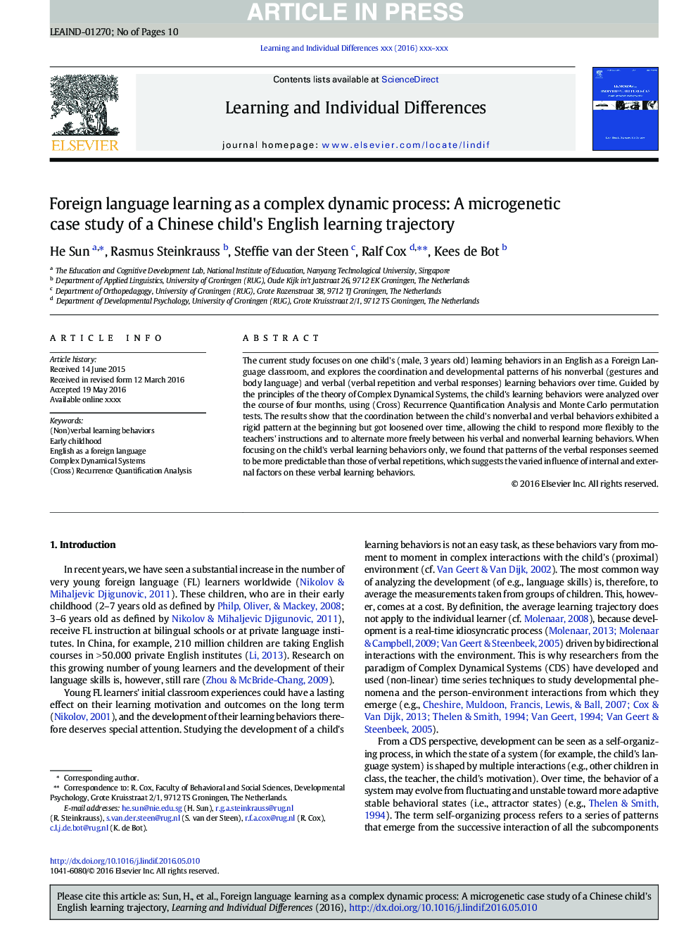 Foreign language learning as a complex dynamic process: A microgenetic case study of a Chinese child's English learning trajectory