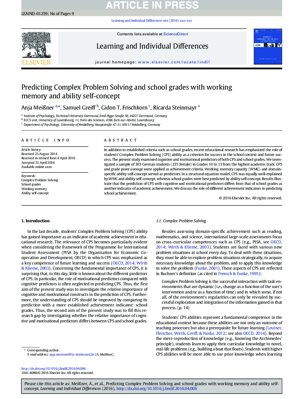 Predicting Complex Problem Solving and school grades with working memory and ability self-concept