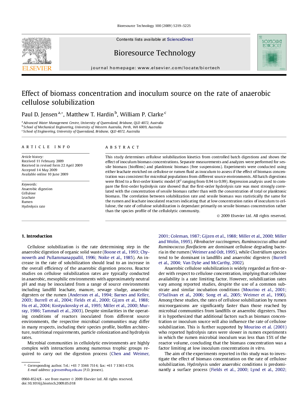 Effect of biomass concentration and inoculum source on the rate of anaerobic cellulose solubilization