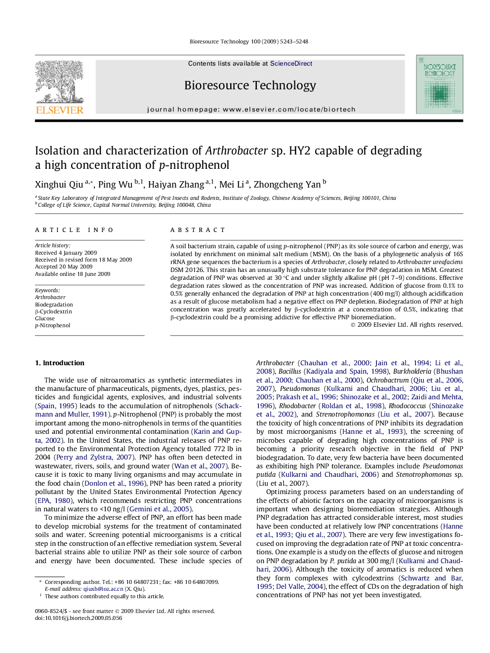 Isolation and characterization of Arthrobacter sp. HY2 capable of degrading a high concentration of p-nitrophenol