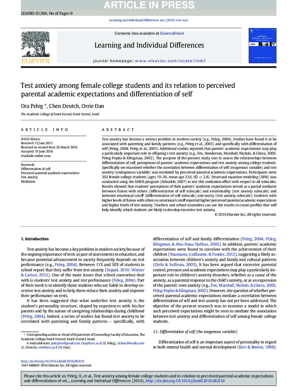 Test anxiety among female college students and its relation to perceived parental academic expectations and differentiation of self