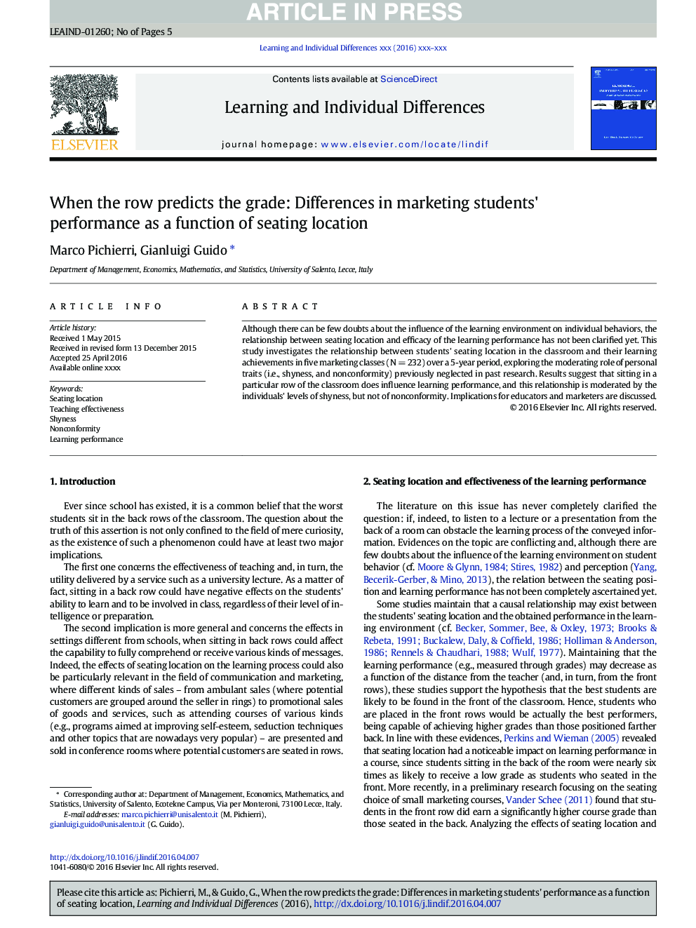 When the row predicts the grade: Differences in marketing students' performance as a function of seating location