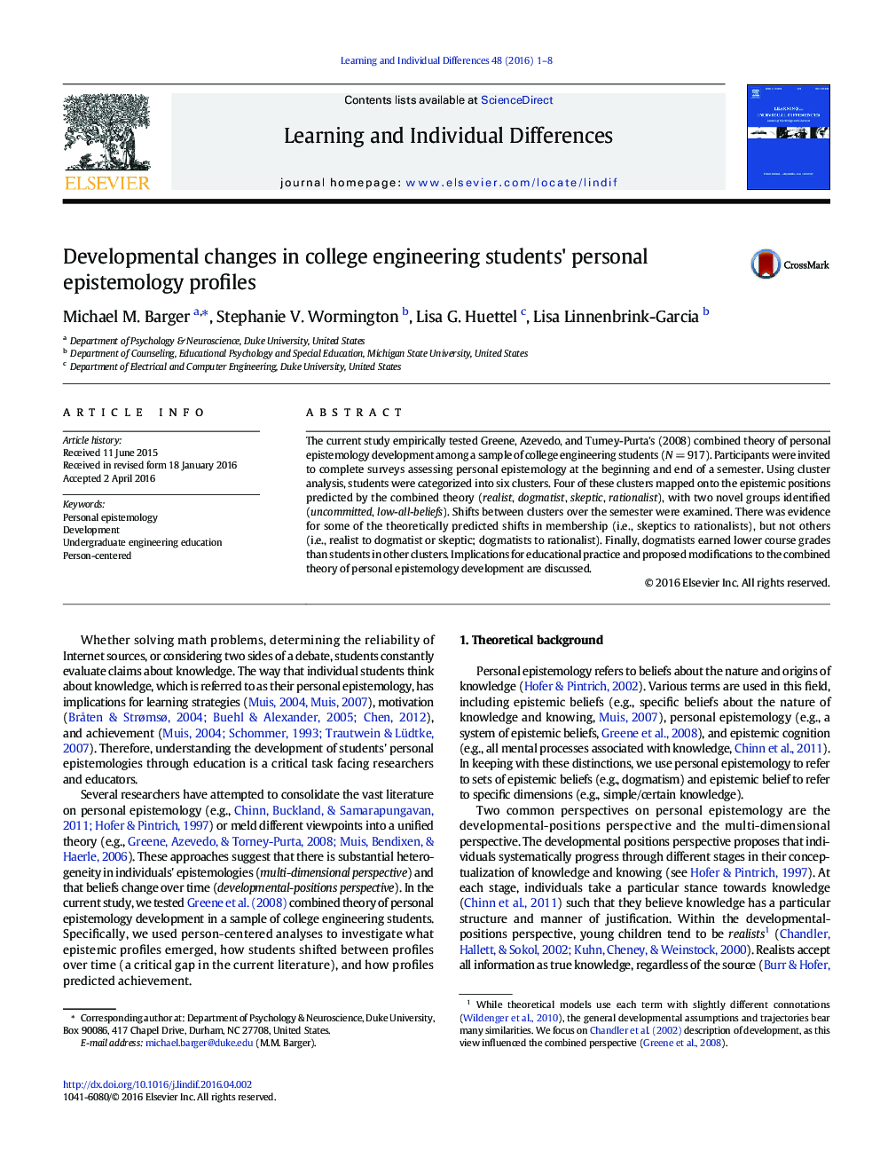 Developmental changes in college engineering students' personal epistemology profiles