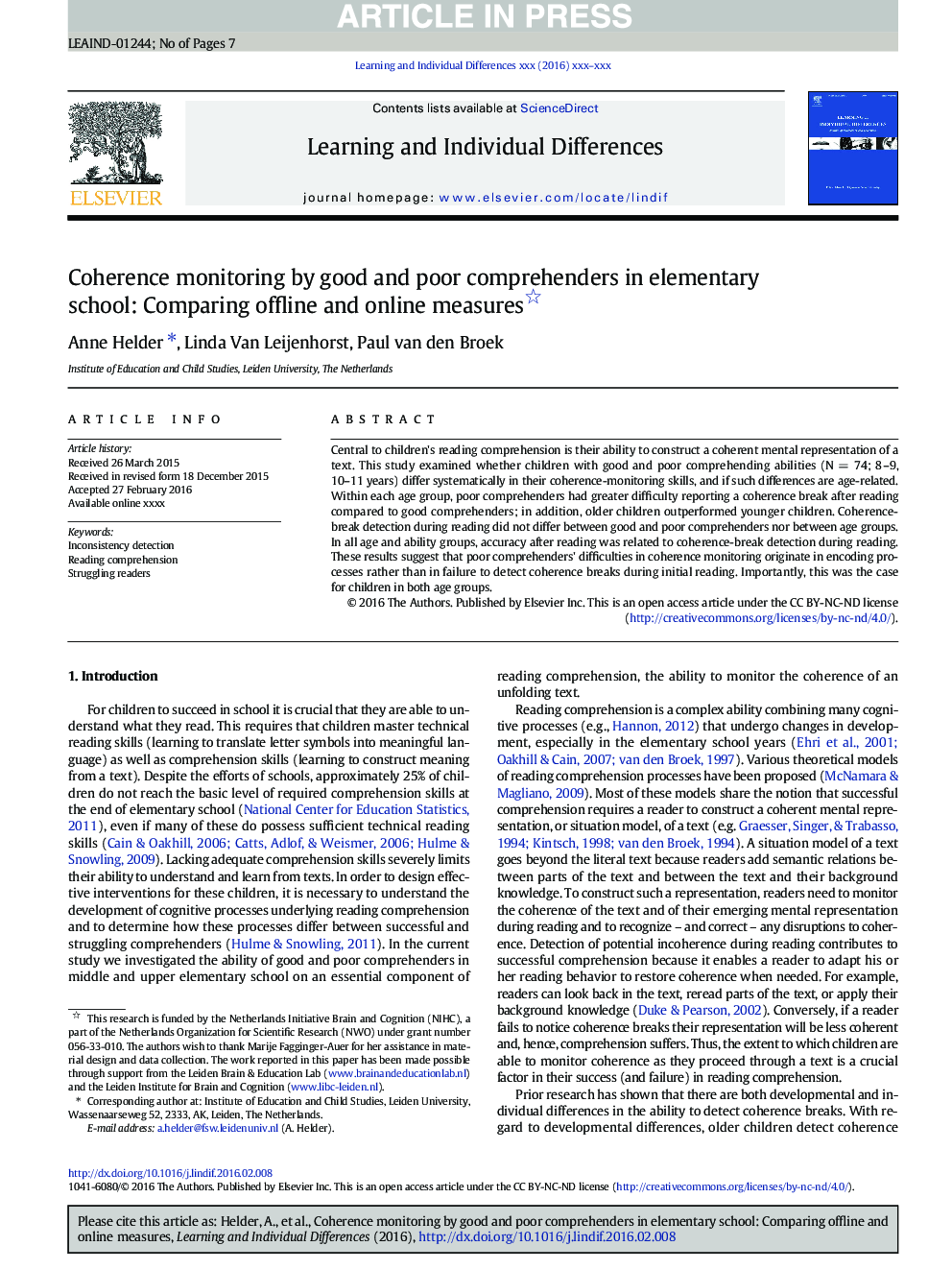 Coherence monitoring by good and poor comprehenders in elementary school: Comparing offline and online measures