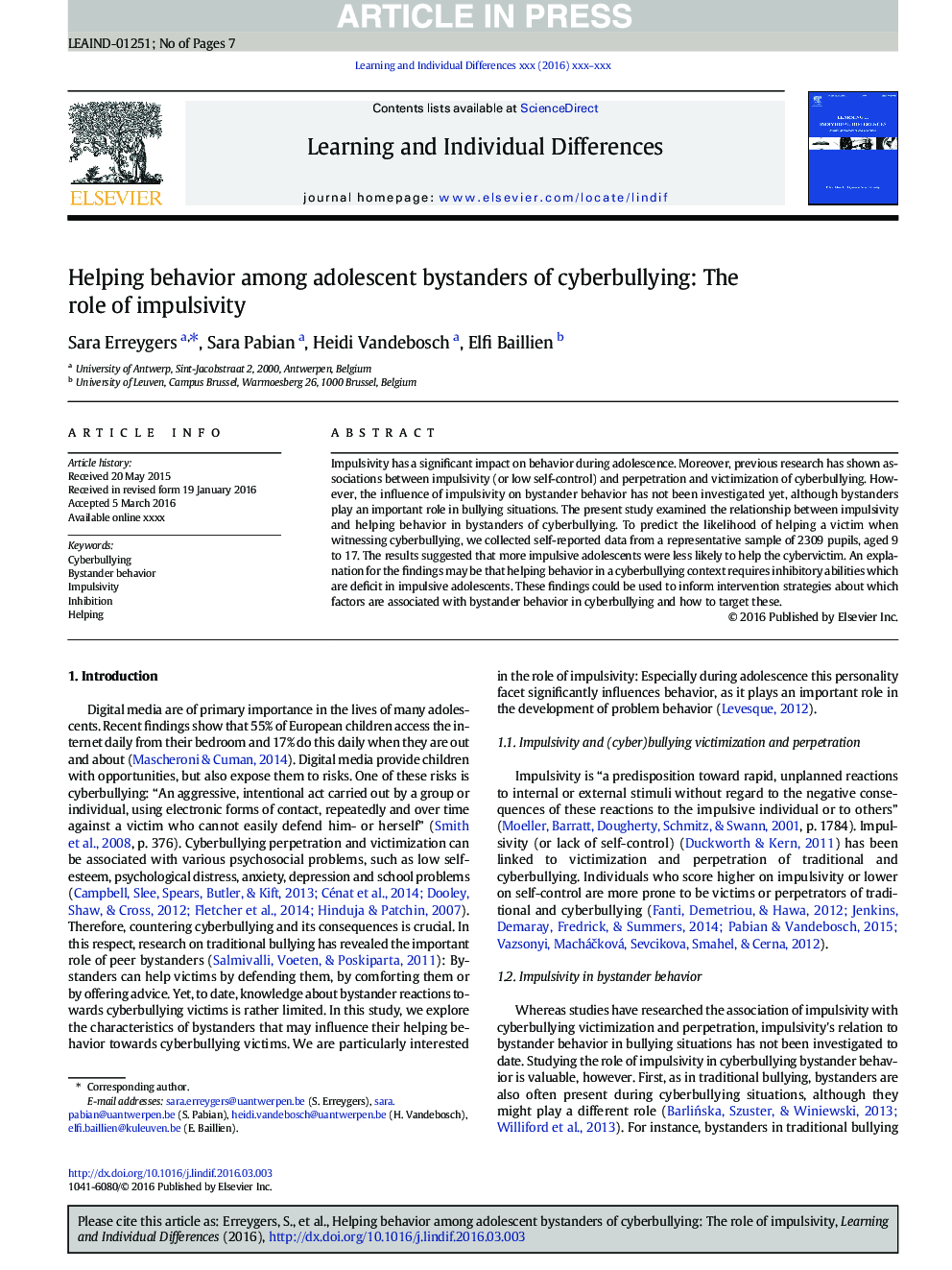 Helping behavior among adolescent bystanders of cyberbullying: The role of impulsivity