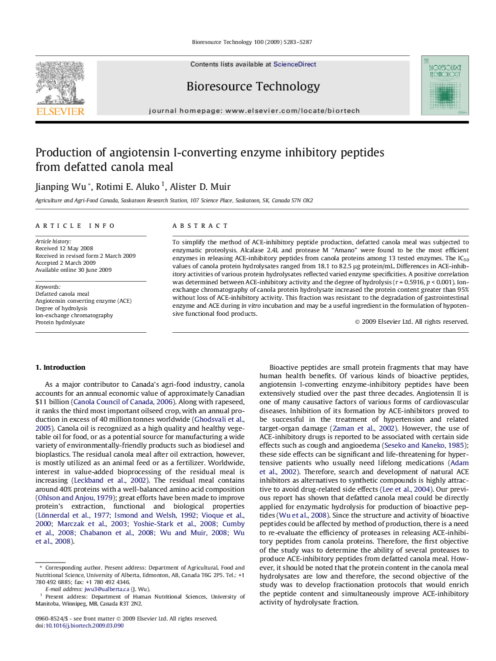 Production of angiotensin I-converting enzyme inhibitory peptides from defatted canola meal