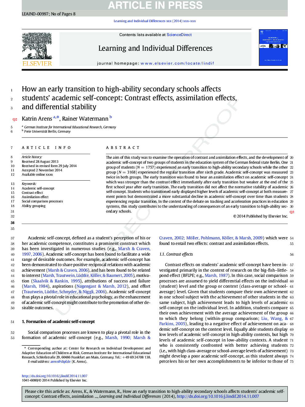 How an early transition to high-ability secondary schools affects students' academic self-concept: Contrast effects, assimilation effects, and differential stability