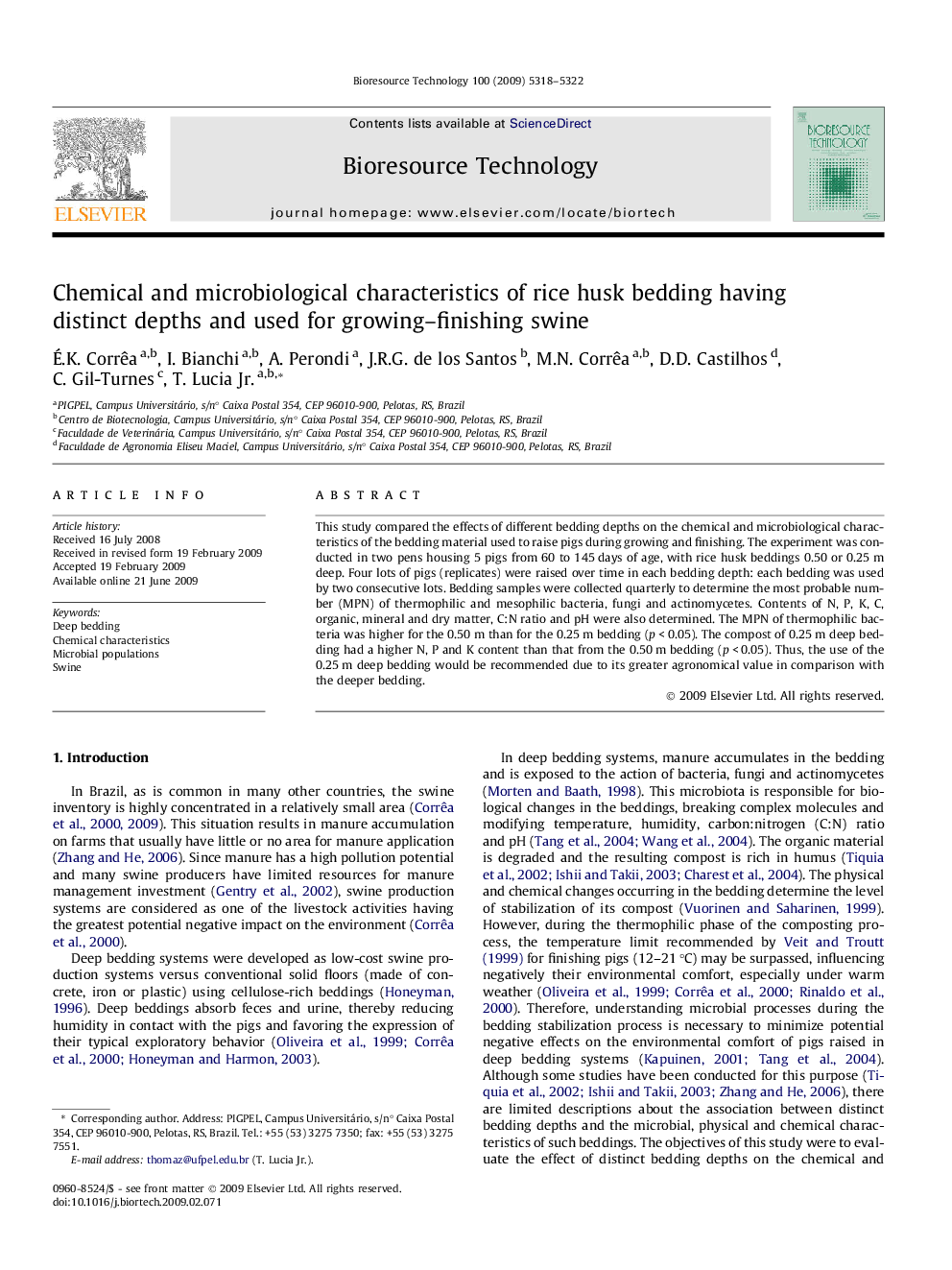 Chemical and microbiological characteristics of rice husk bedding having distinct depths and used for growing–finishing swine