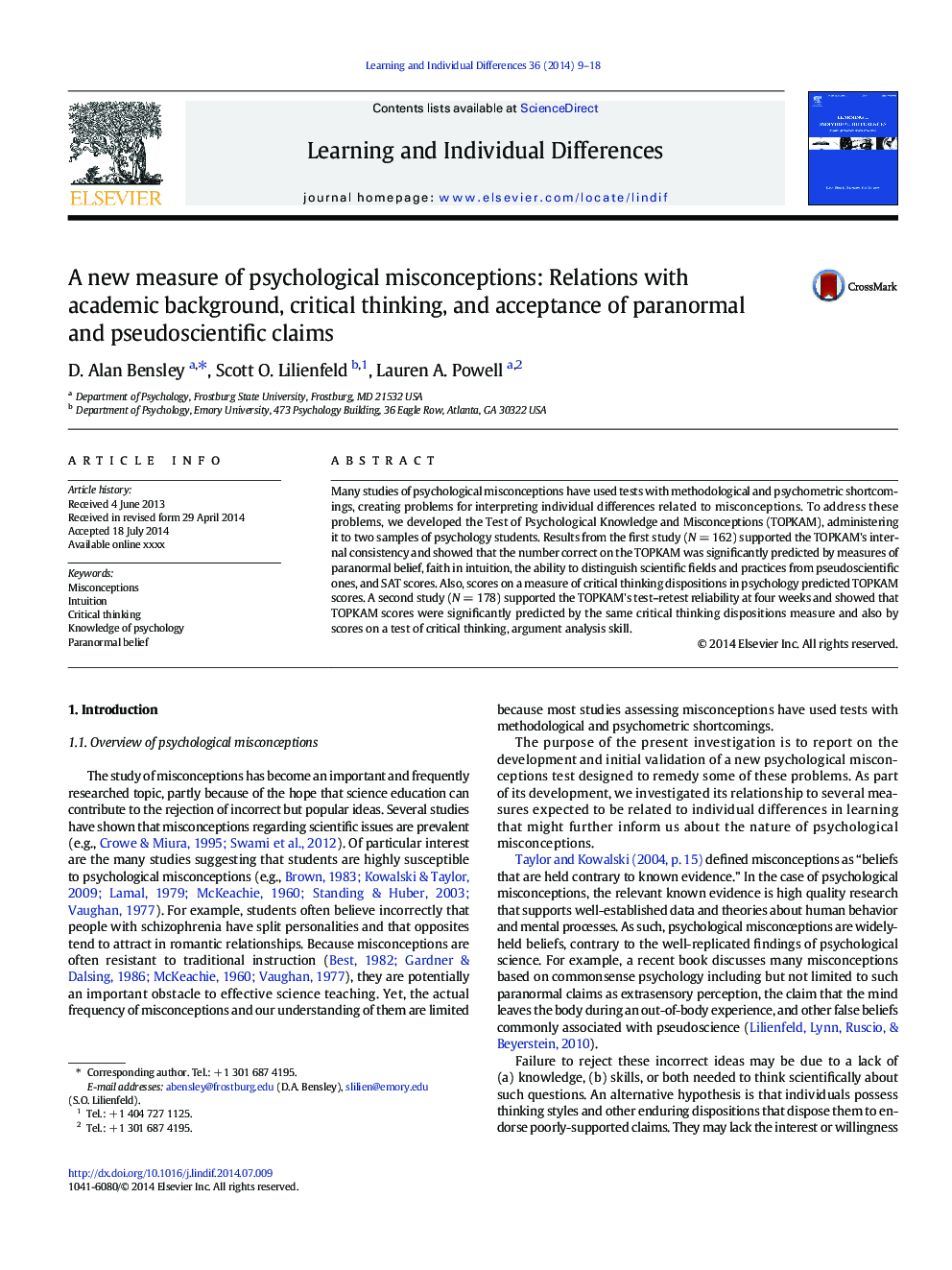 A new measure of psychological misconceptions: Relations with academic background, critical thinking, and acceptance of paranormal and pseudoscientific claims