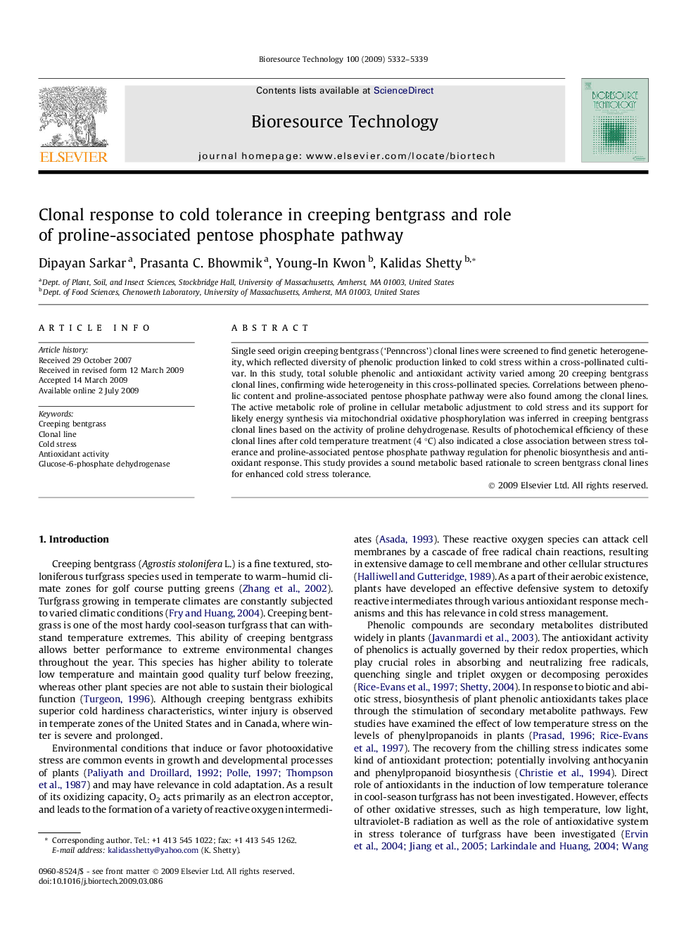 Clonal response to cold tolerance in creeping bentgrass and role of proline-associated pentose phosphate pathway