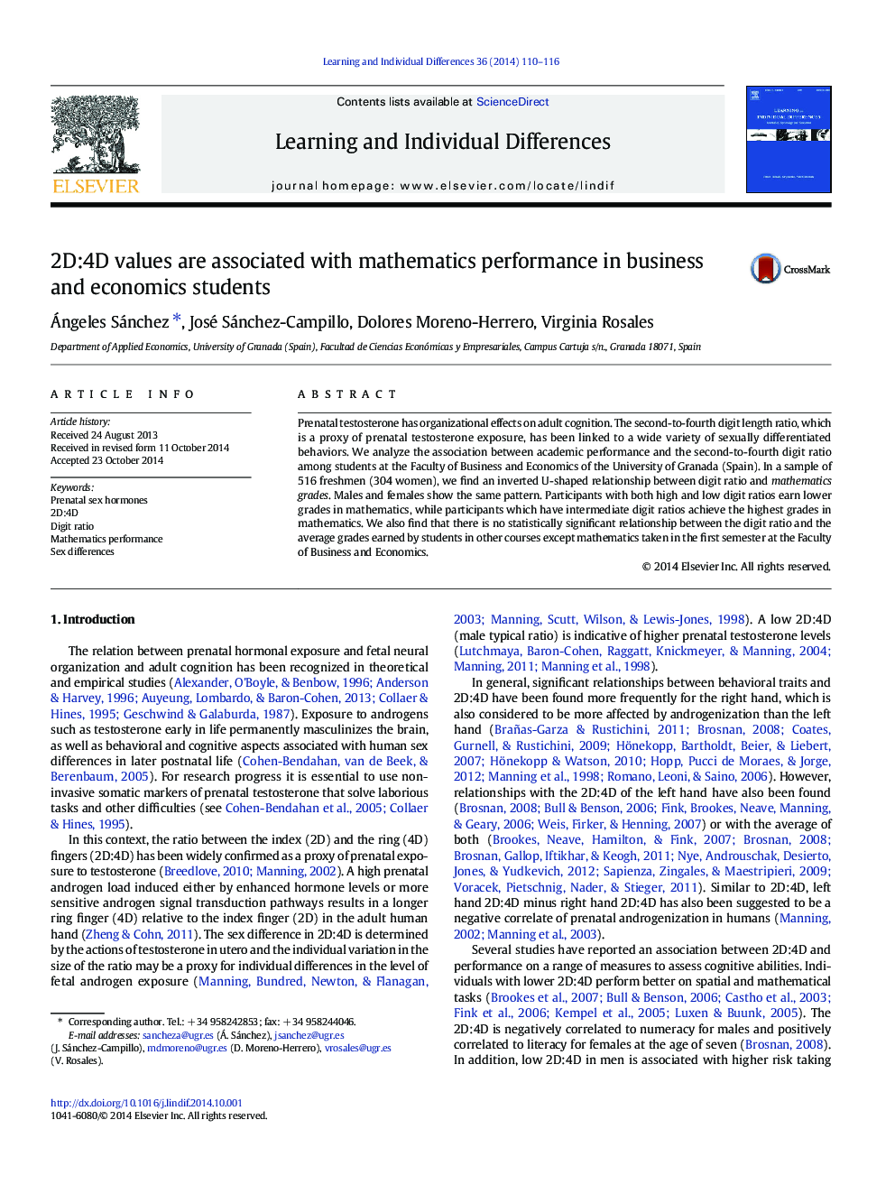 2D:4D values are associated with mathematics performance in business and economics students