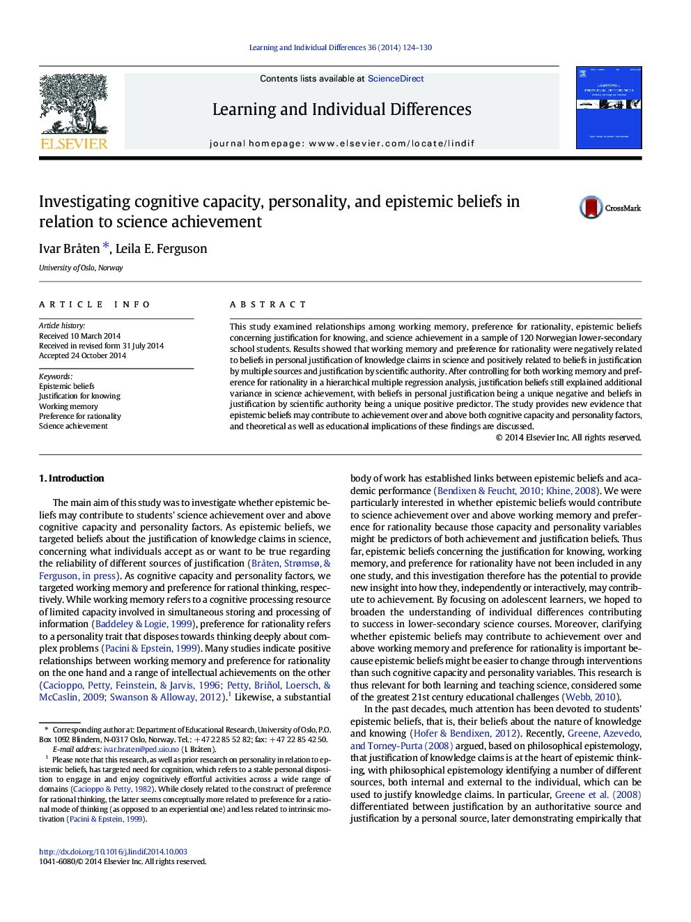 Investigating cognitive capacity, personality, and epistemic beliefs in relation to science achievement