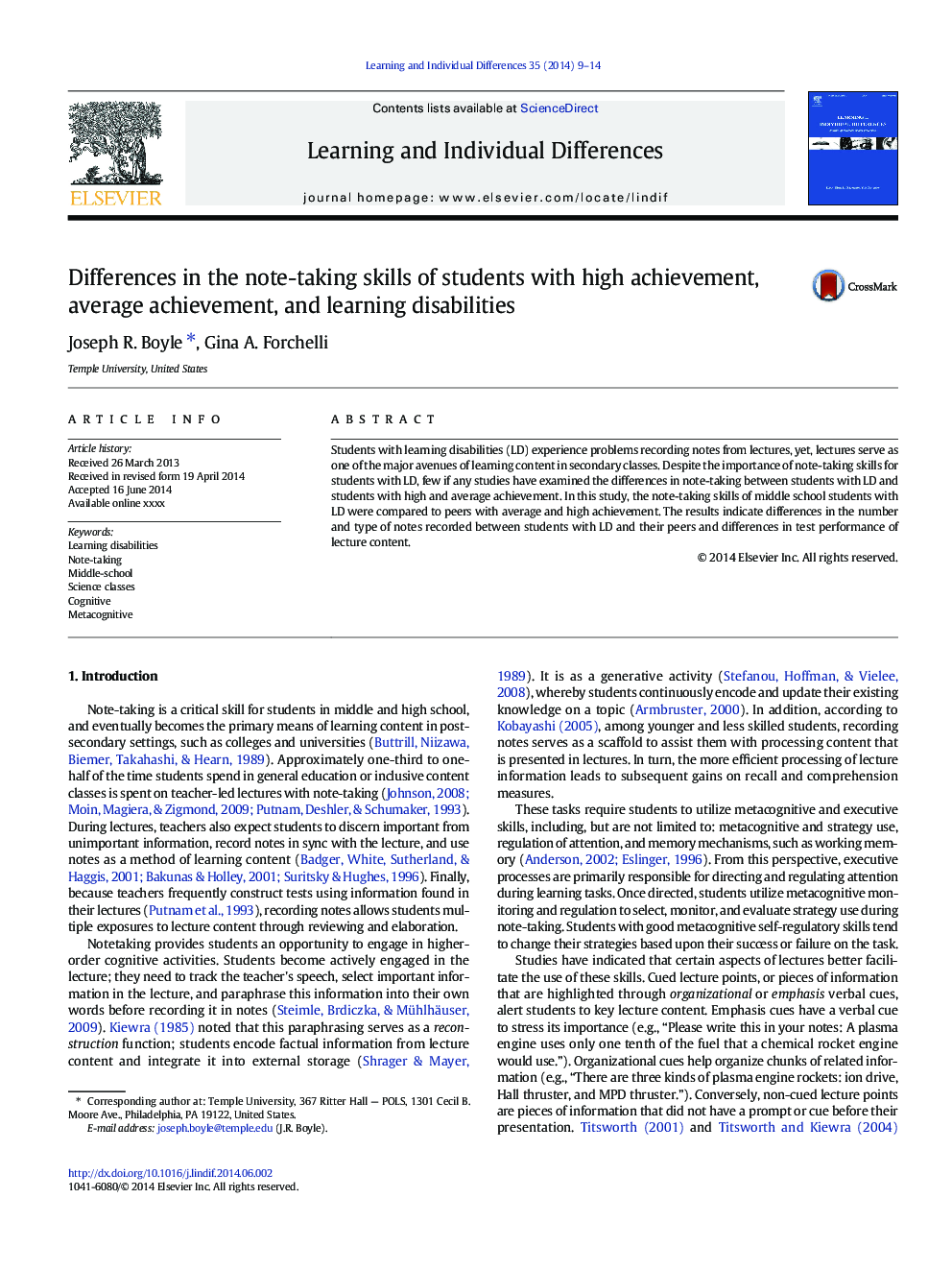 Differences in the note-taking skills of students with high achievement, average achievement, and learning disabilities