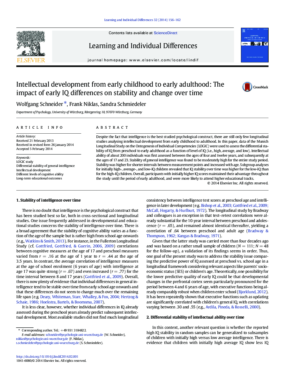 Intellectual development from early childhood to early adulthood: The impact of early IQ differences on stability and change over time