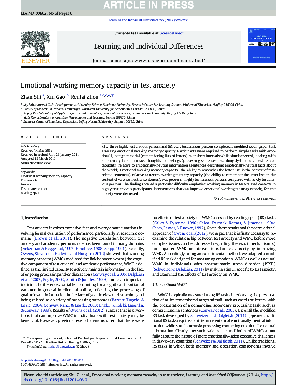 Emotional working memory capacity in test anxiety