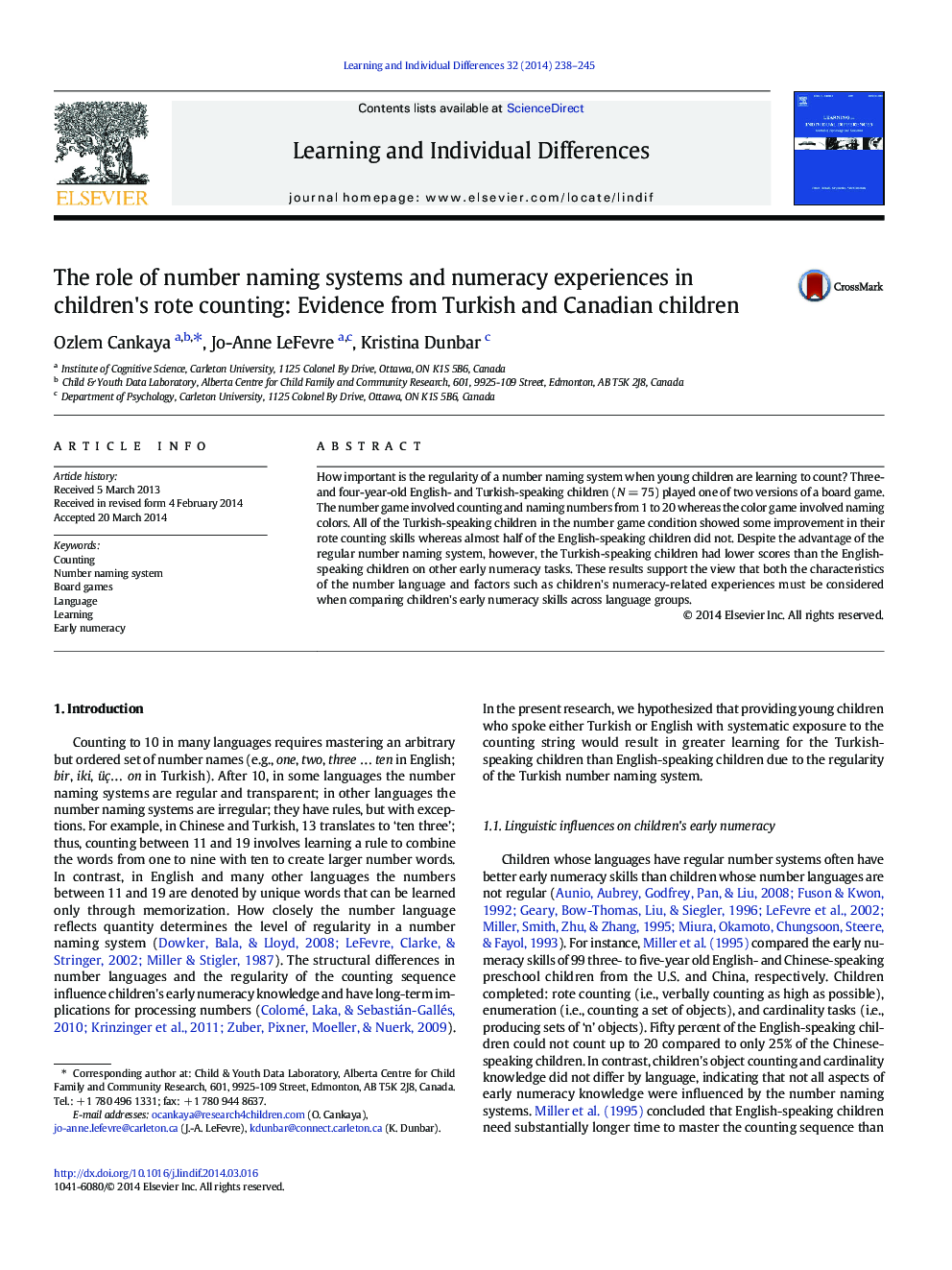 The role of number naming systems and numeracy experiences in children's rote counting: Evidence from Turkish and Canadian children