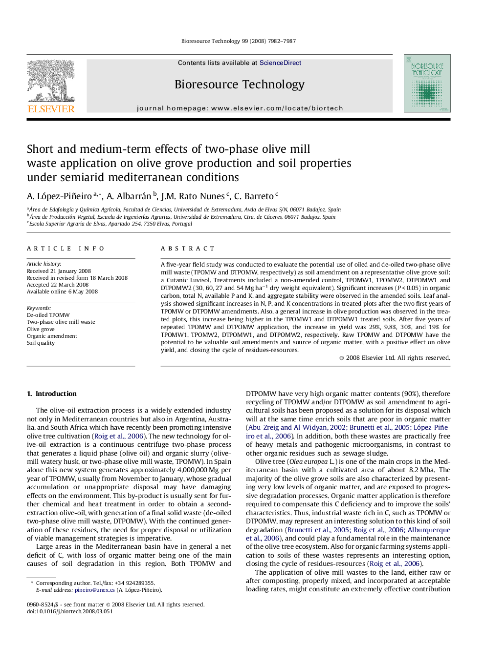 Short and medium-term effects of two-phase olive mill waste application on olive grove production and soil properties under semiarid mediterranean conditions