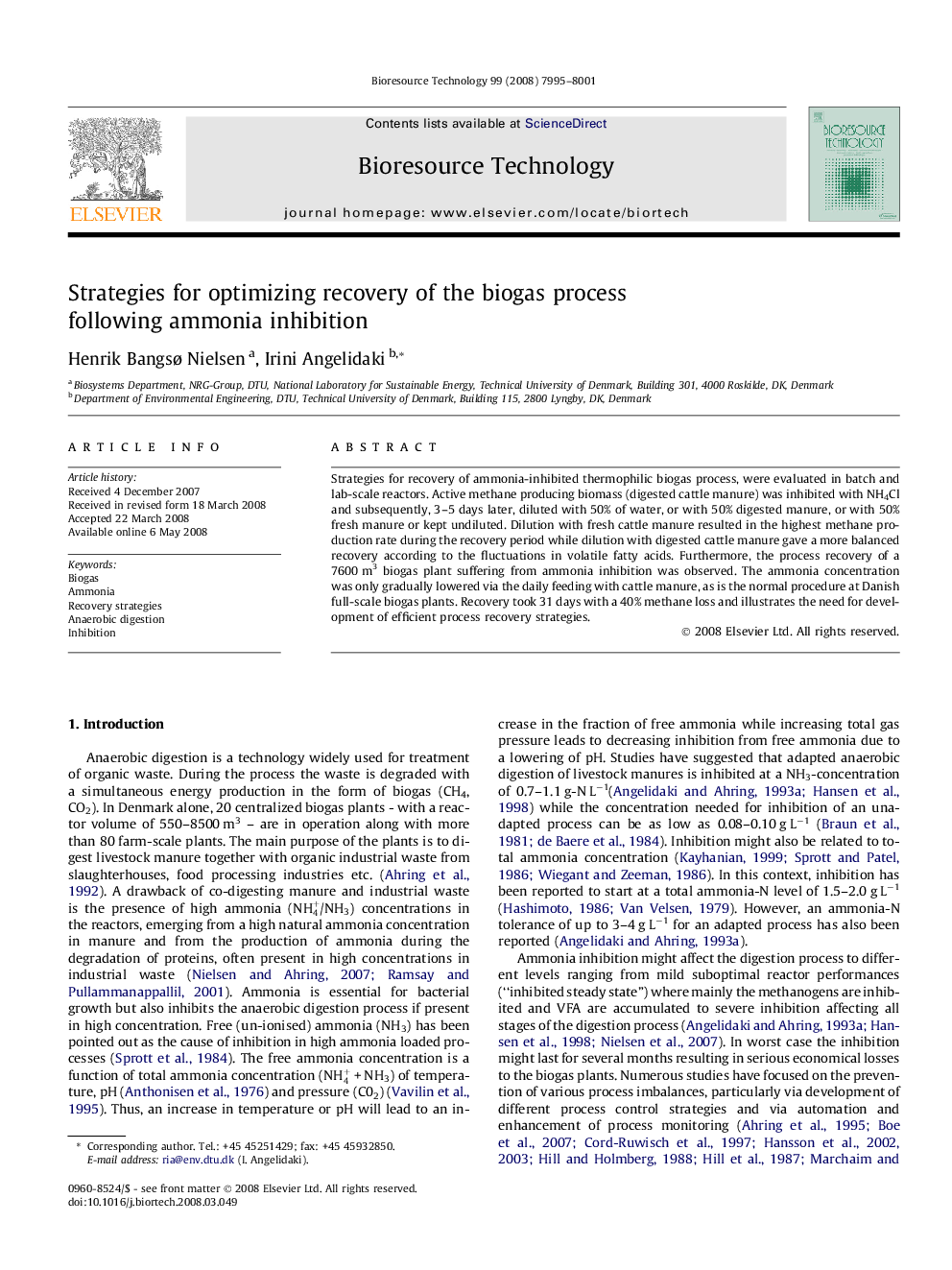 Strategies for optimizing recovery of the biogas process following ammonia inhibition