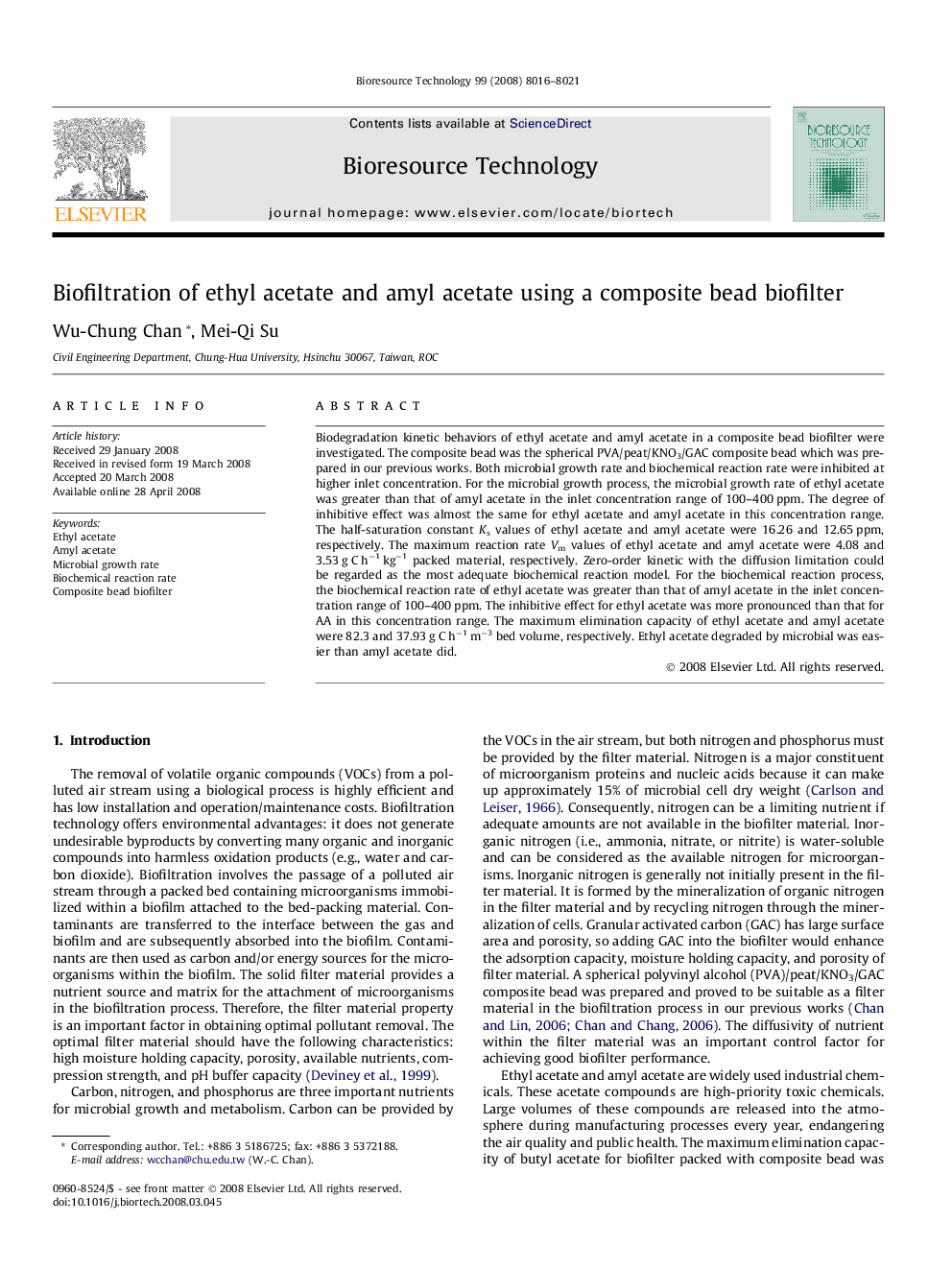 Biofiltration of ethyl acetate and amyl acetate using a composite bead biofilter