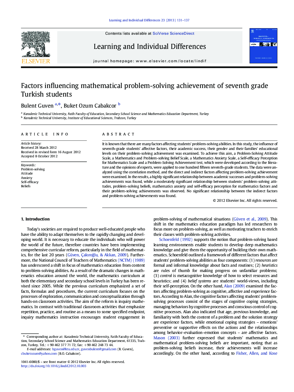 Factors influencing mathematical problem-solving achievement of seventh grade Turkish students