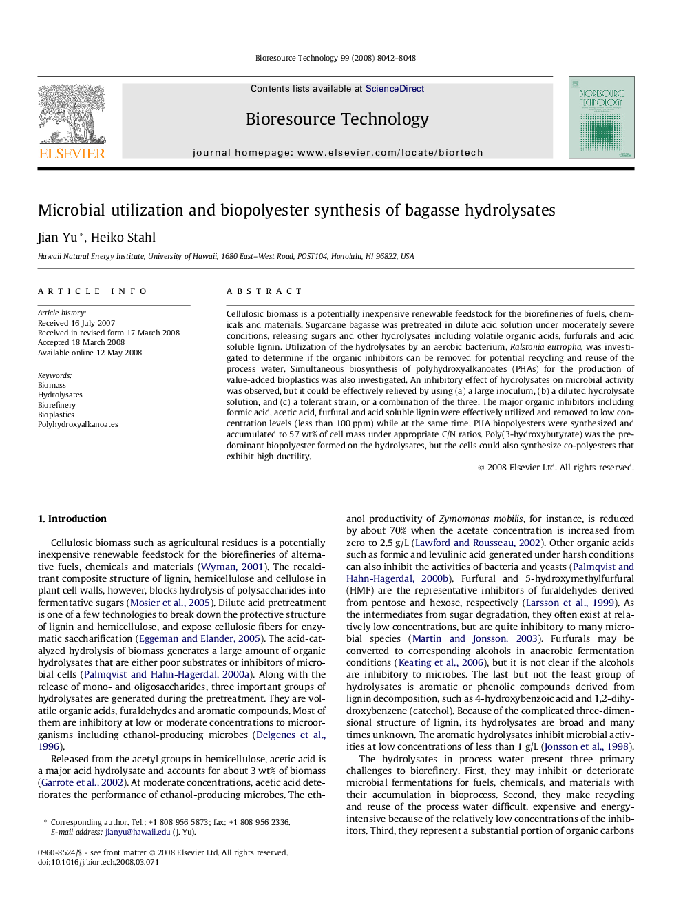 Microbial utilization and biopolyester synthesis of bagasse hydrolysates