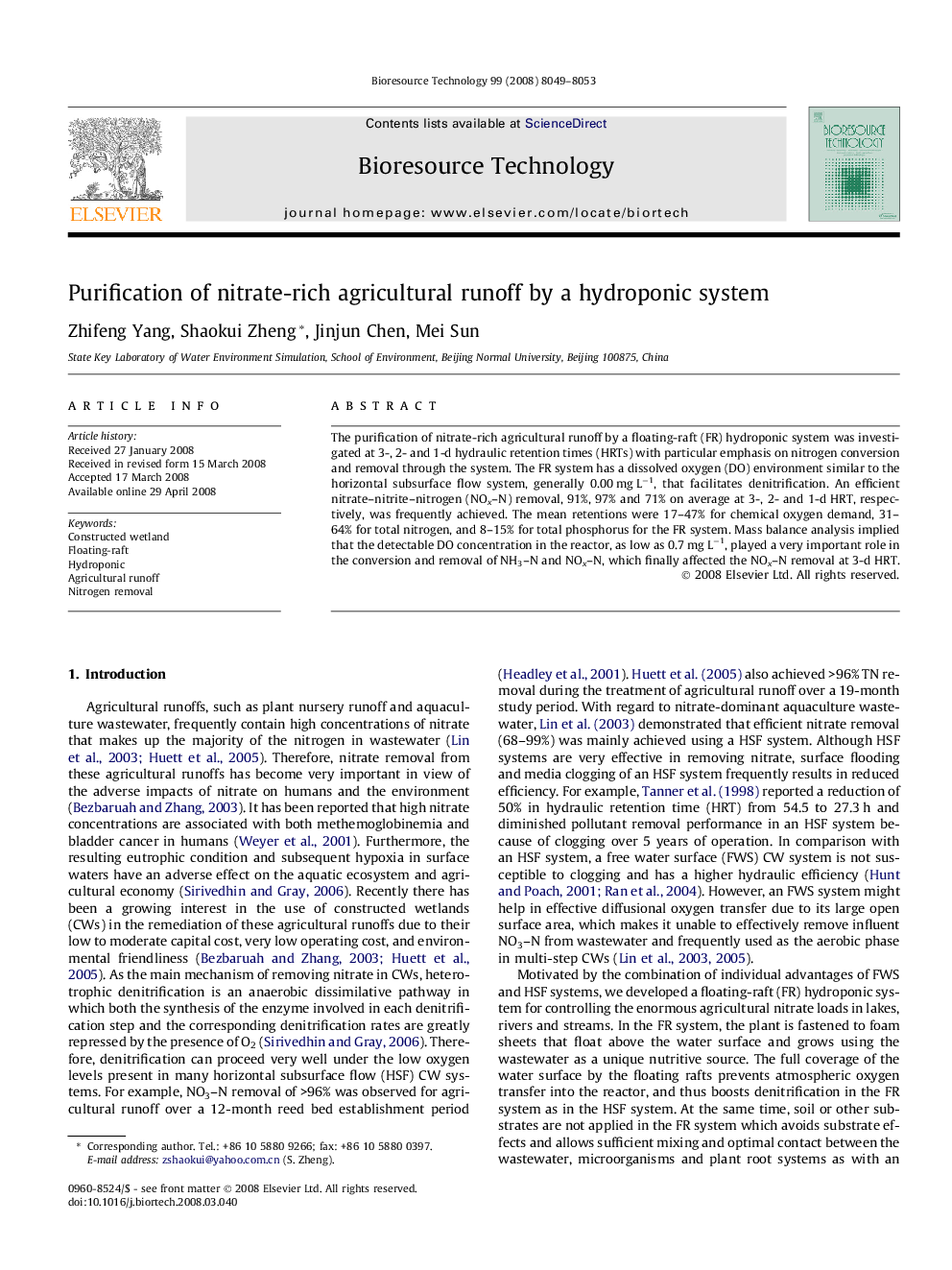 Purification of nitrate-rich agricultural runoff by a hydroponic system