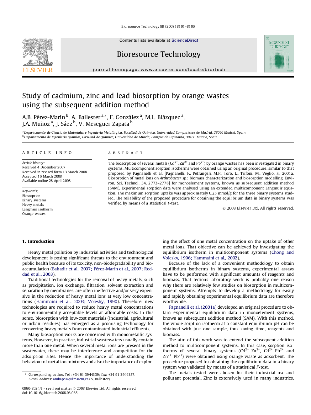 Study of cadmium, zinc and lead biosorption by orange wastes using the subsequent addition method