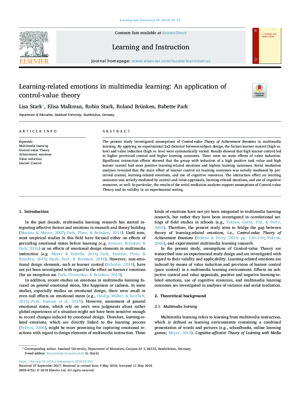 Learning-related emotions in multimedia learning: An application of control-value theory