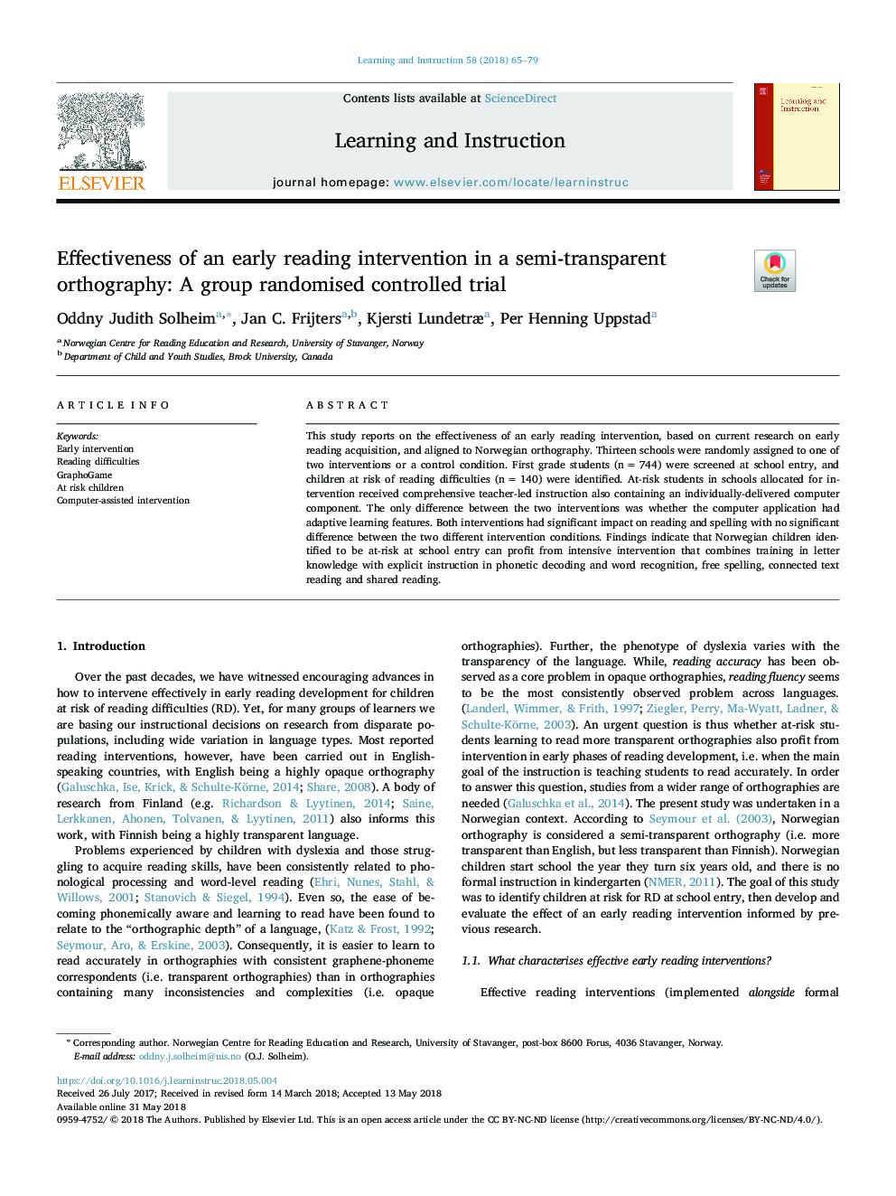 Effectiveness of an early reading intervention in a semi-transparent orthography: A group randomised controlled trial