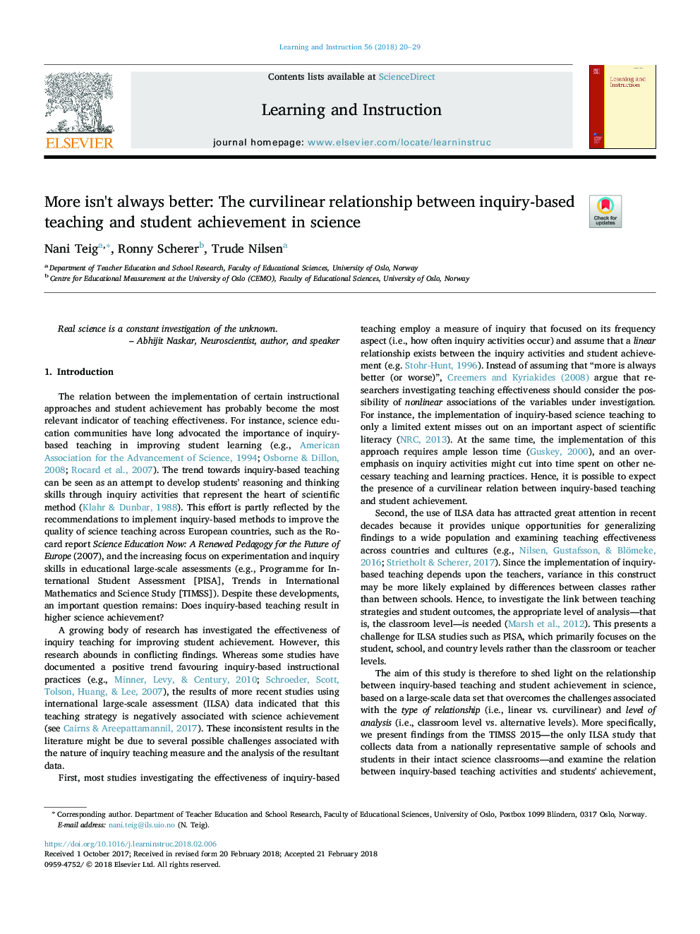More isn't always better: The curvilinear relationship between inquiry-based teaching and student achievement in science