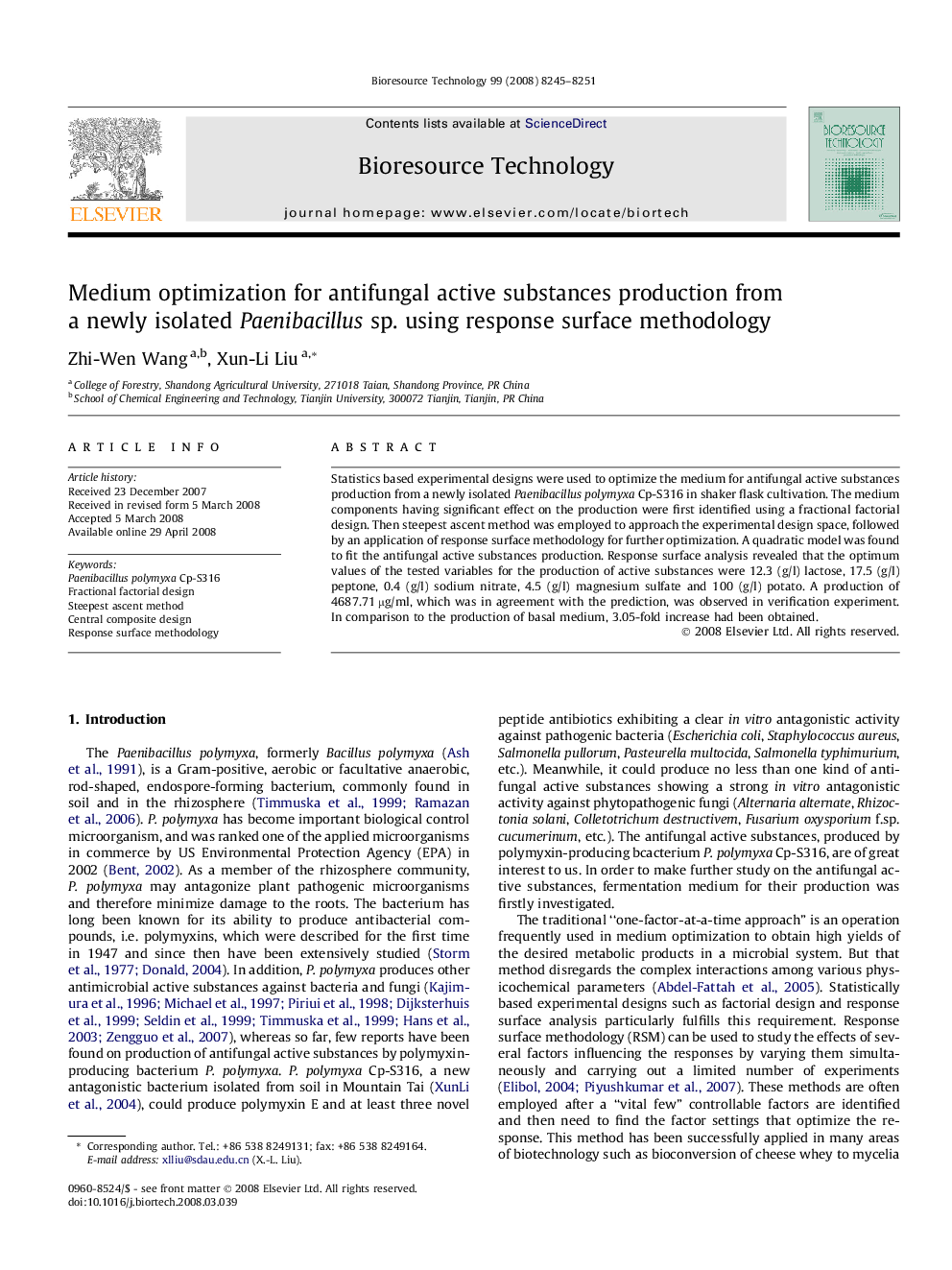 Medium optimization for antifungal active substances production from a newly isolated Paenibacillus sp. using response surface methodology