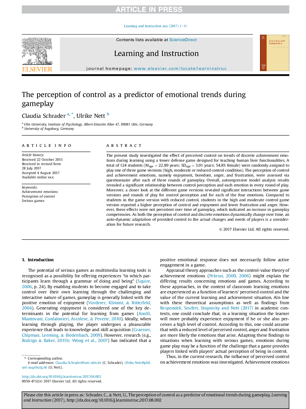 The perception of control as a predictor of emotional trends during gameplay