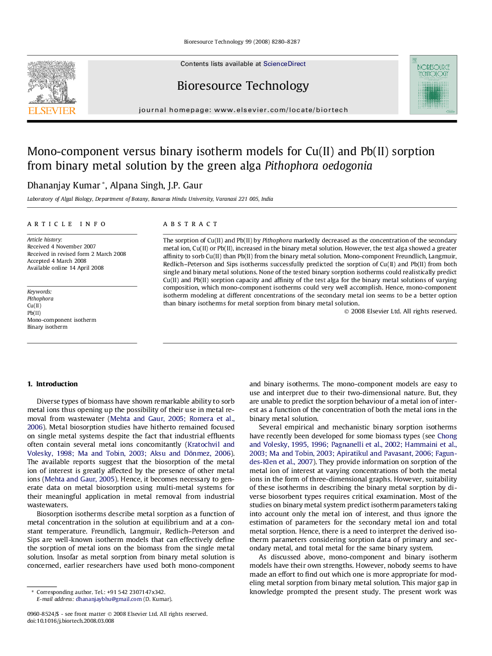 Mono-component versus binary isotherm models for Cu(II) and Pb(II) sorption from binary metal solution by the green alga Pithophora oedogonia